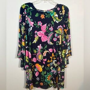 Emerald Navy Multicolor Floral Bell Sleeve Tunic Dress w/ Pockets Size M